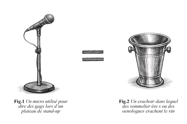 Fig. 1 : un micro utilisé pour dire des gags lors d'un plateau de stand-up. Fig. 2 : un crachoir dans lequel les sommelier·ère·s ou les oenologues crachent le vin.